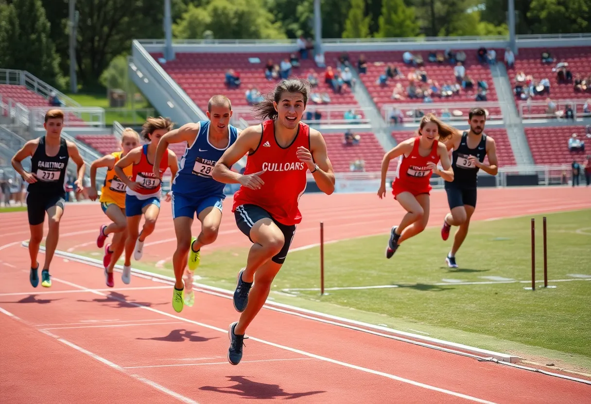 Track and field athletes competing in long jump and sprints at Jacksonville University.