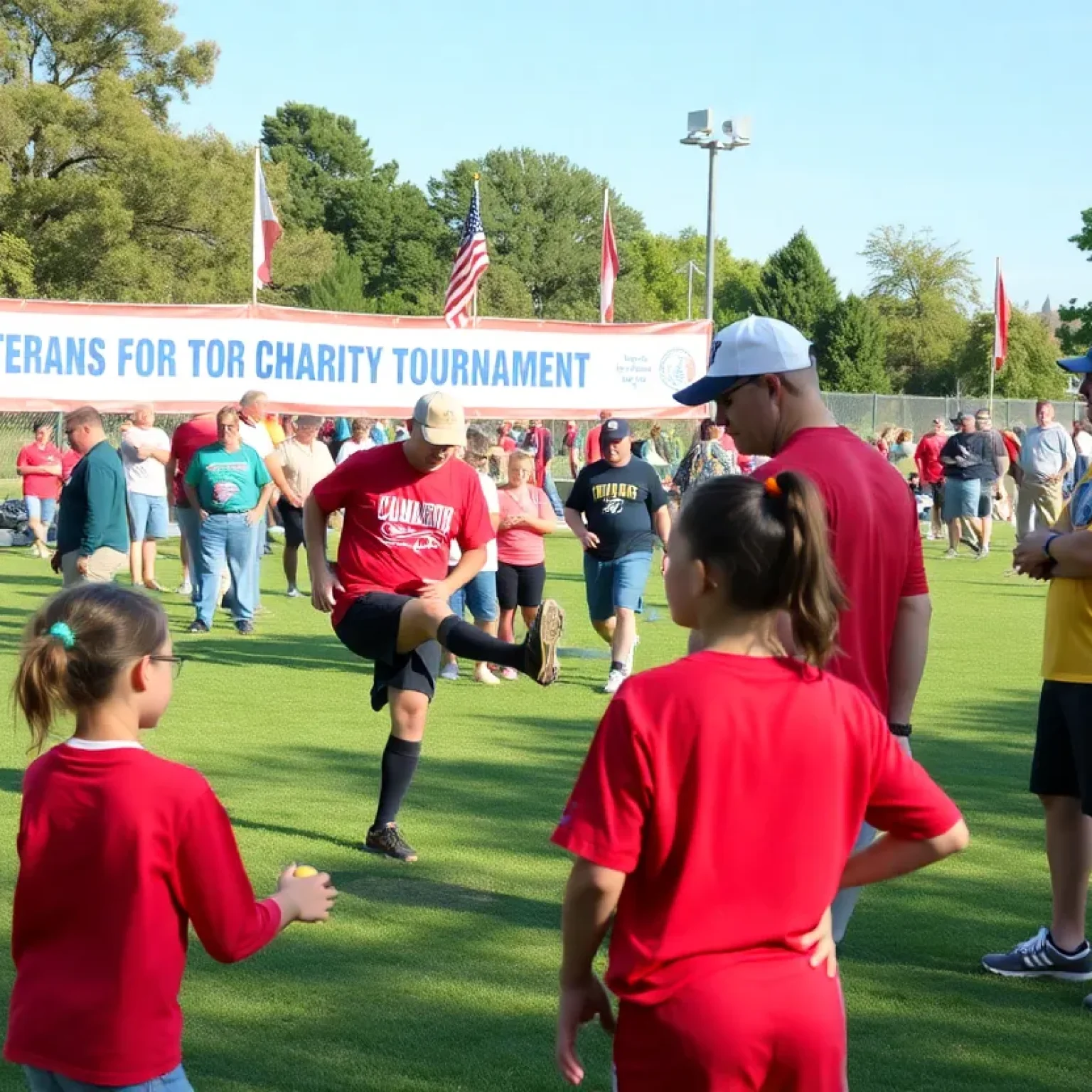 Community members participating in the kickball tournament for veterans