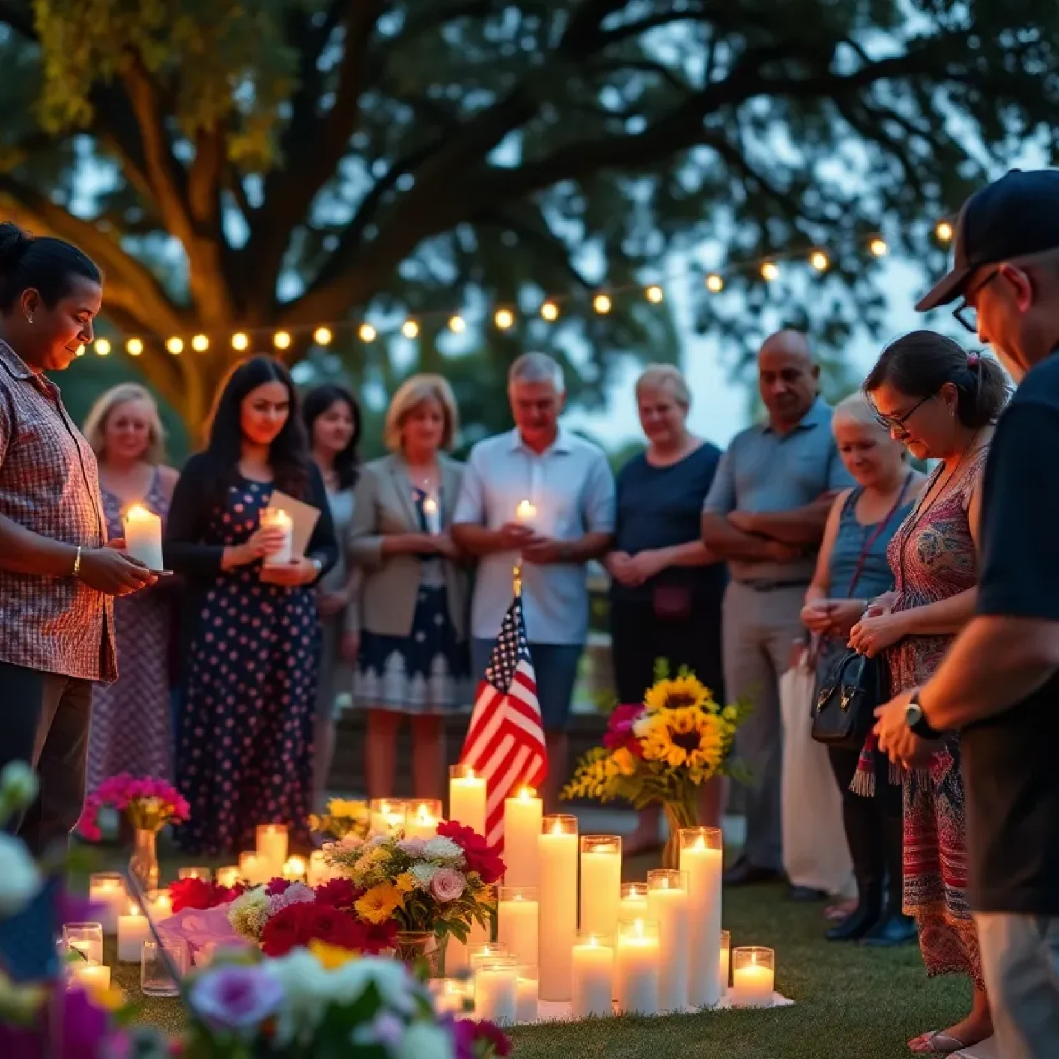 A community gathering in Jacksonville honoring a veteran with candles and flowers.