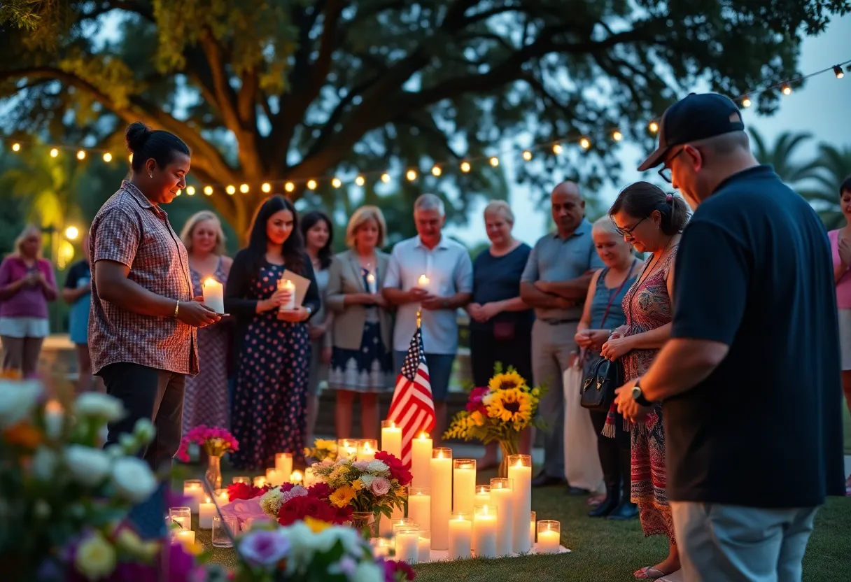 A community gathering in Jacksonville honoring a veteran with candles and flowers.