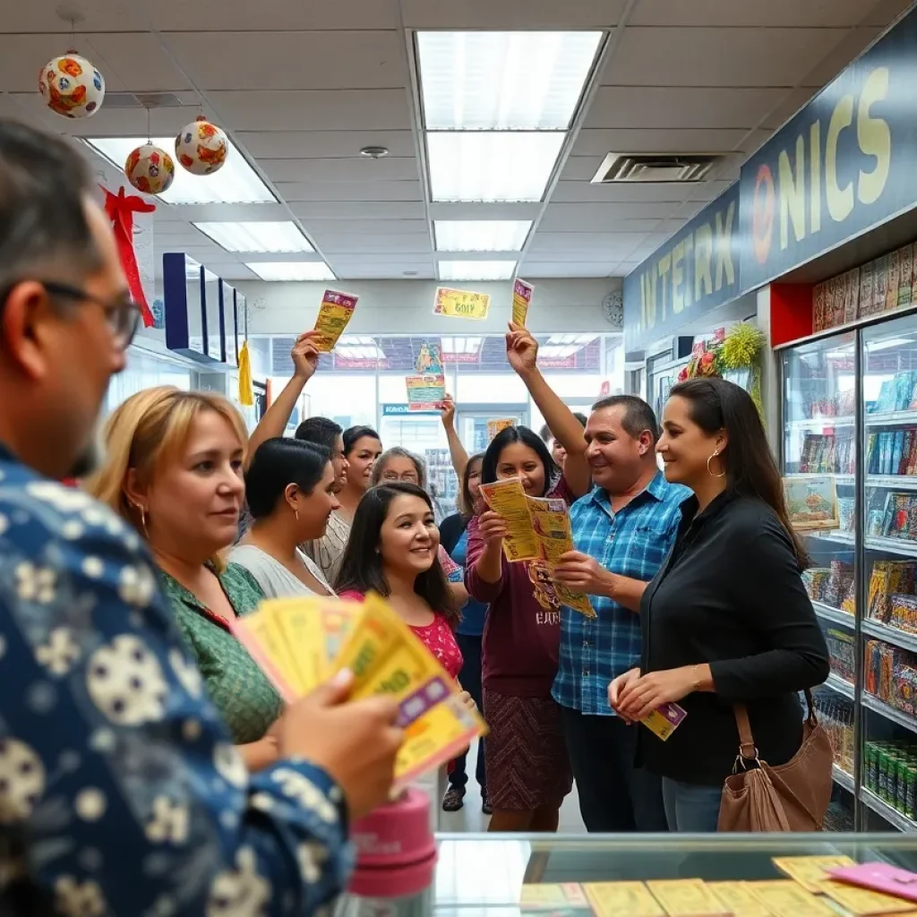 People celebrating a lottery win in Jacksonville with colorful lottery tickets.