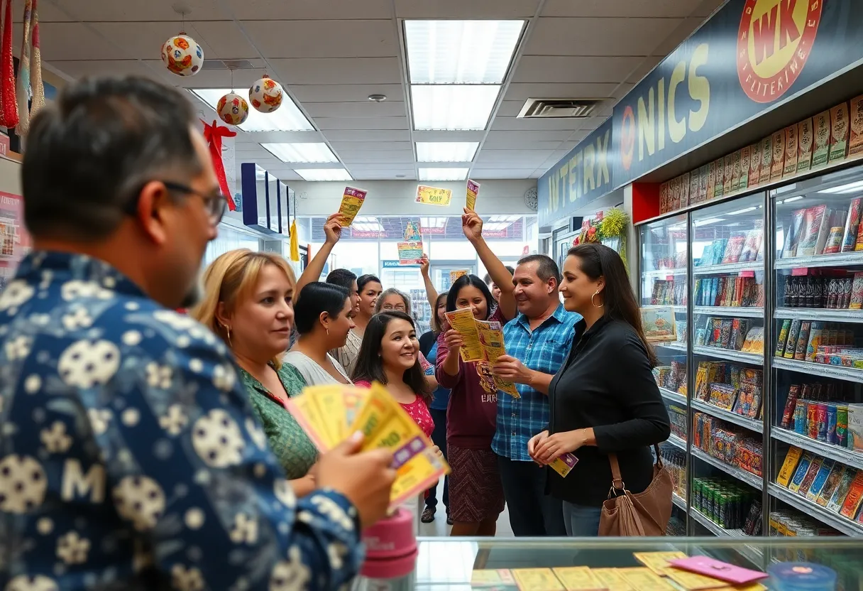 People celebrating a lottery win in Jacksonville with colorful lottery tickets.