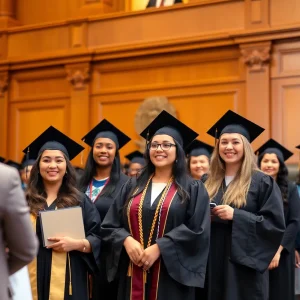 Graduates celebrating during the JU College of Law inaugural commencement ceremony at the Duval County Courthouse.
