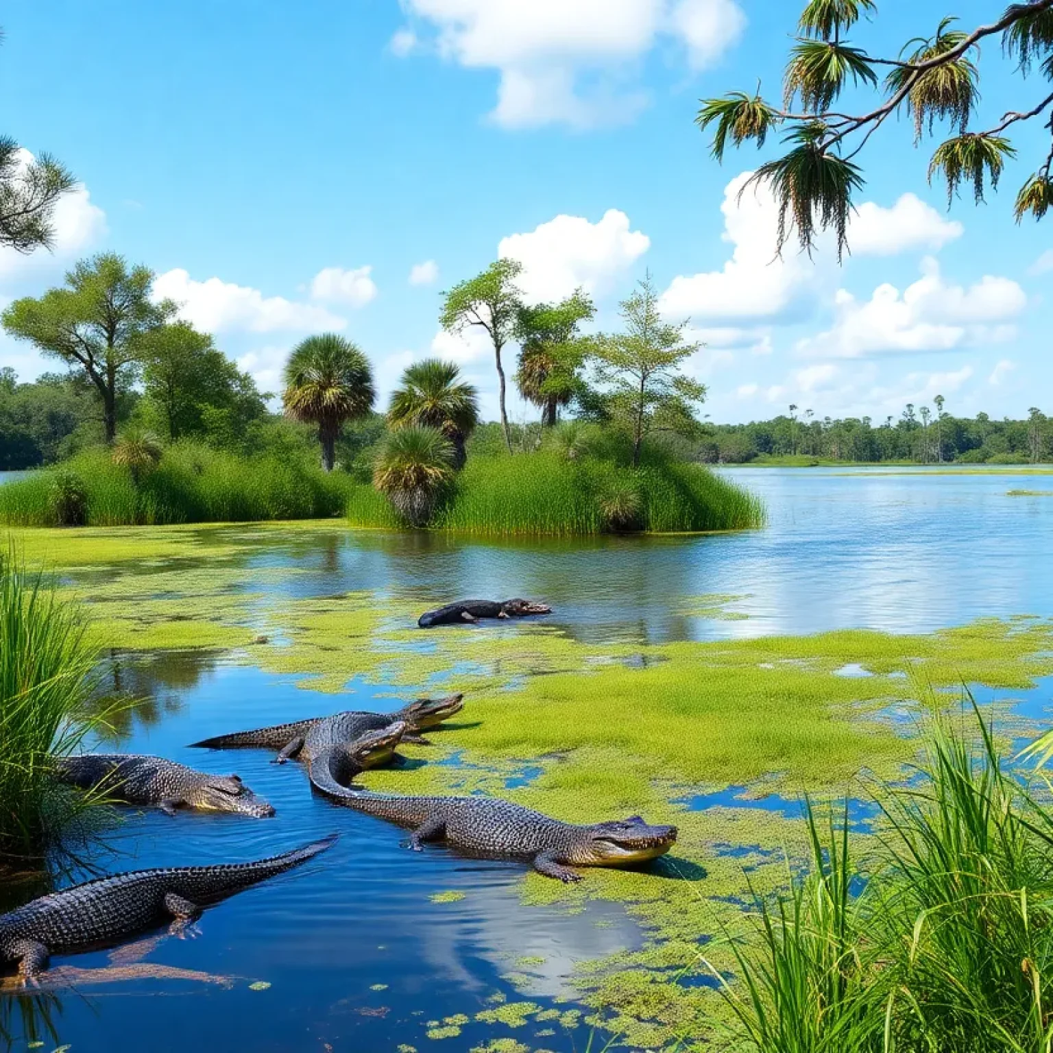 A serene view of Lake Kissimmee with alligators in the water.