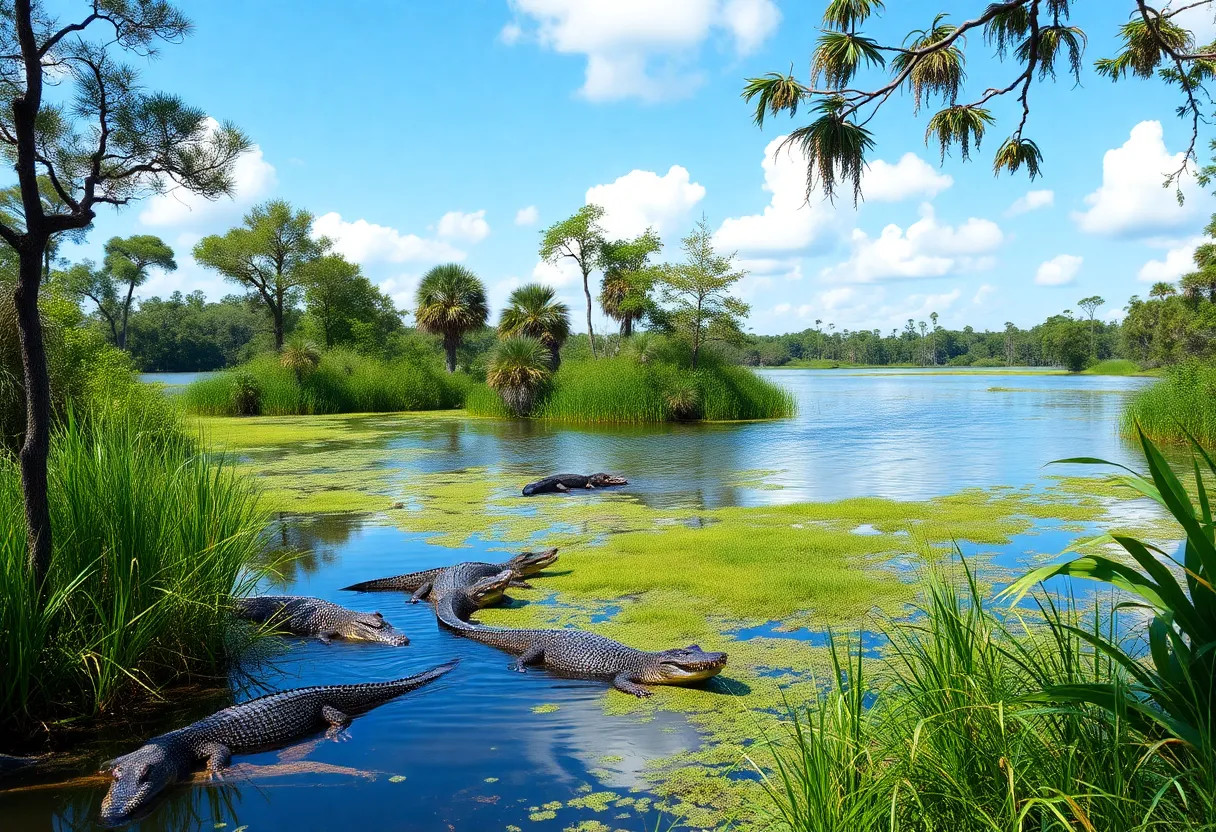 A serene view of Lake Kissimmee with alligators in the water.
