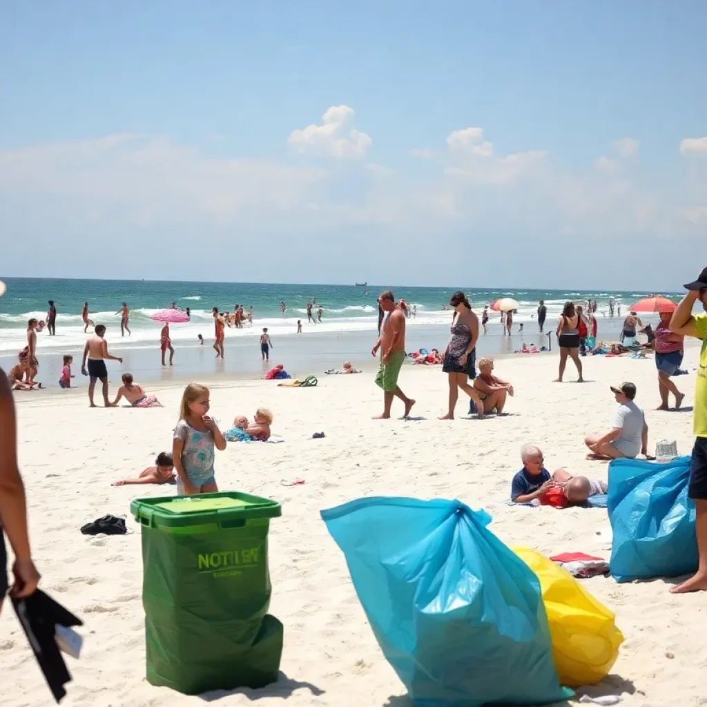 Beachgoers enjoying Memorial Day at Jacksonville Beach with lifeguards present