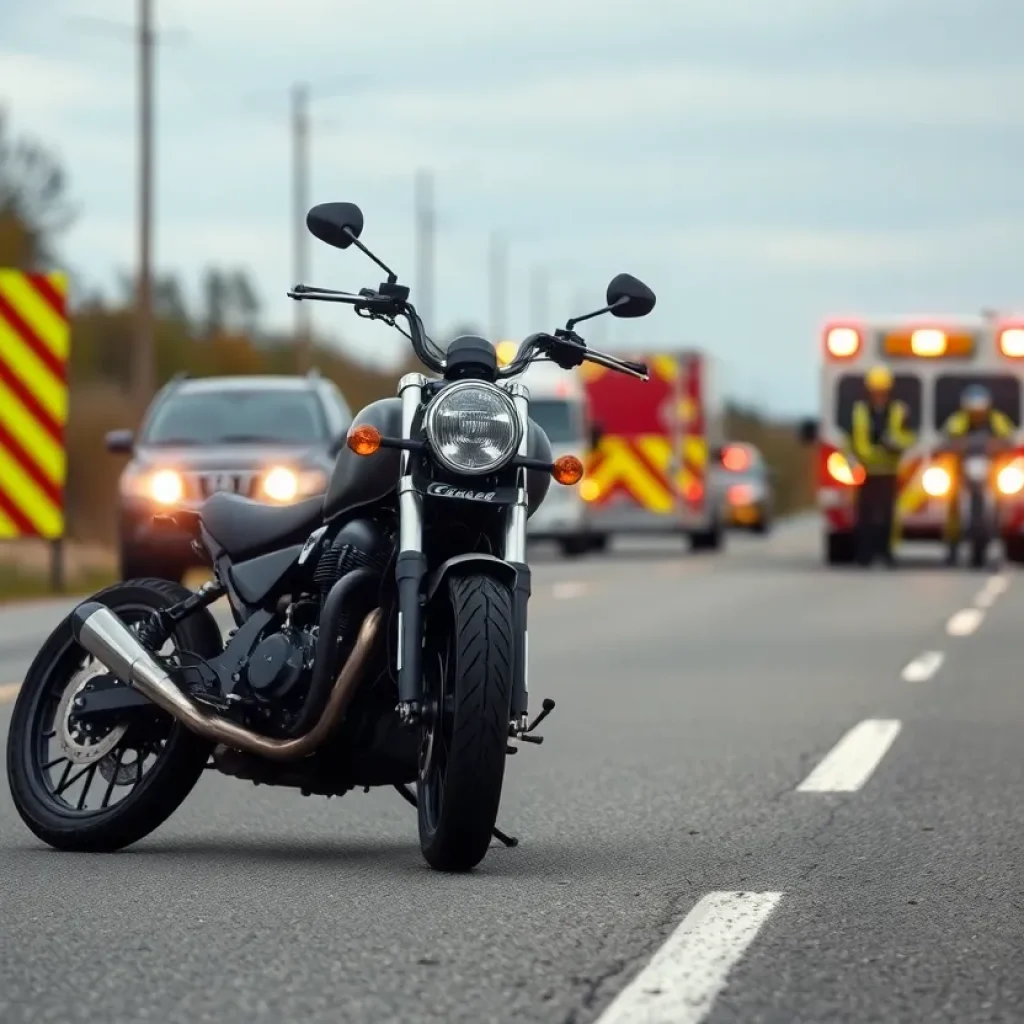 Motorcycle on the road with emergency responders nearby.