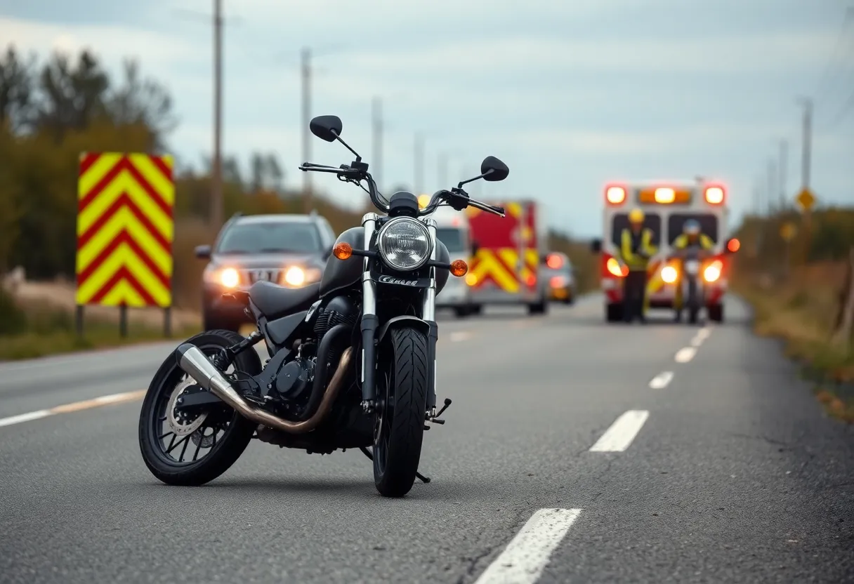 Motorcycle on the road with emergency responders nearby.