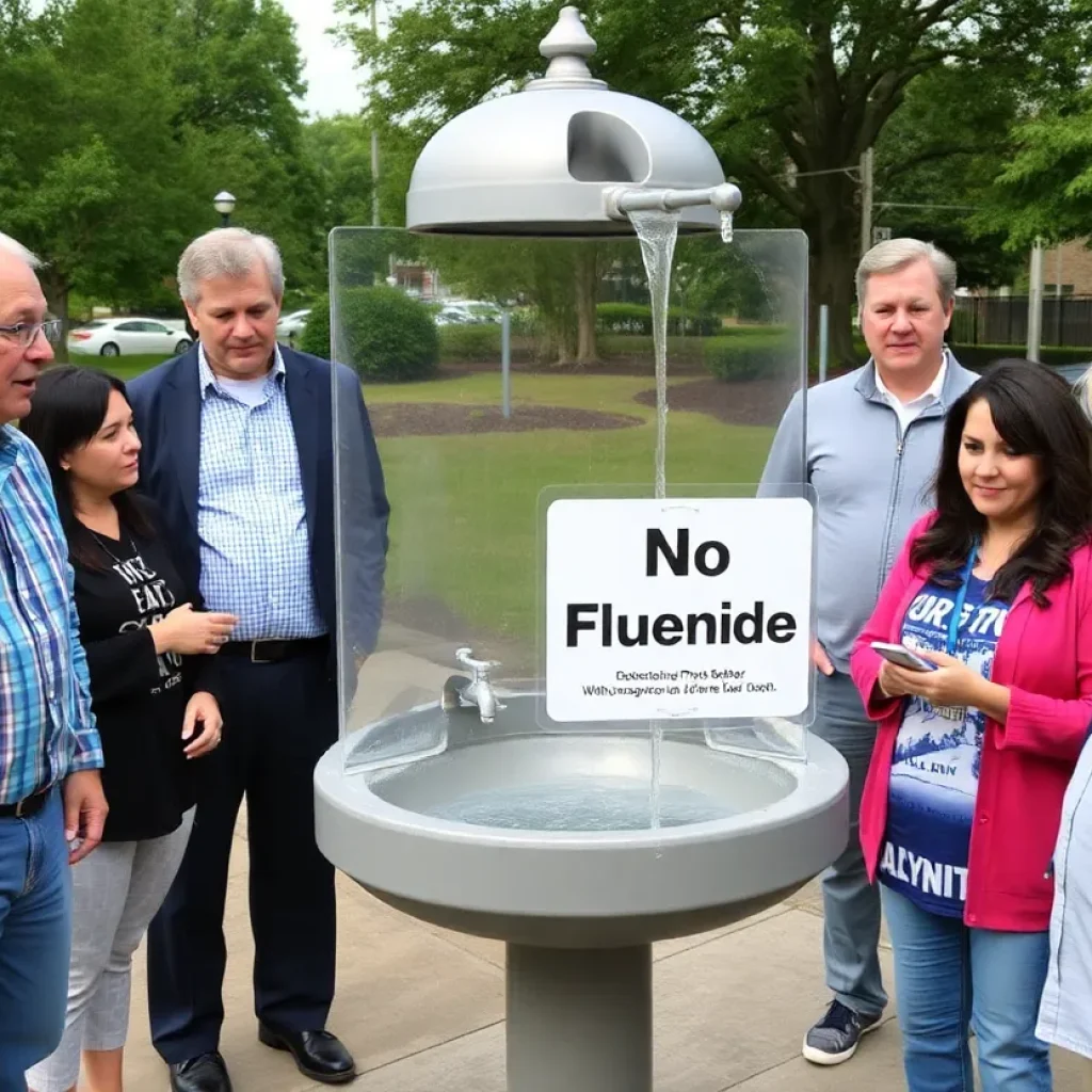 A water fountain with a sign indicating the ban on fluoride in Florida.