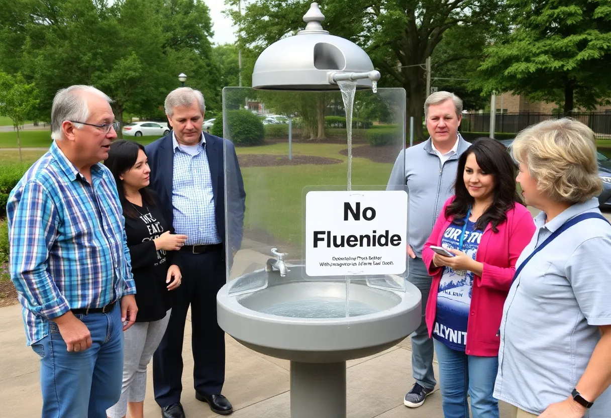 A water fountain with a sign indicating the ban on fluoride in Florida.