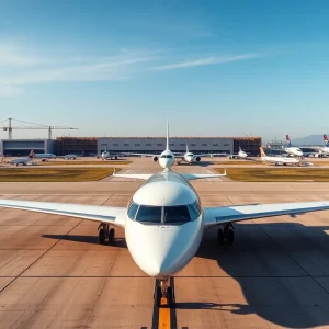 Futuristic corporate jet at an airport with a manufacturing facility