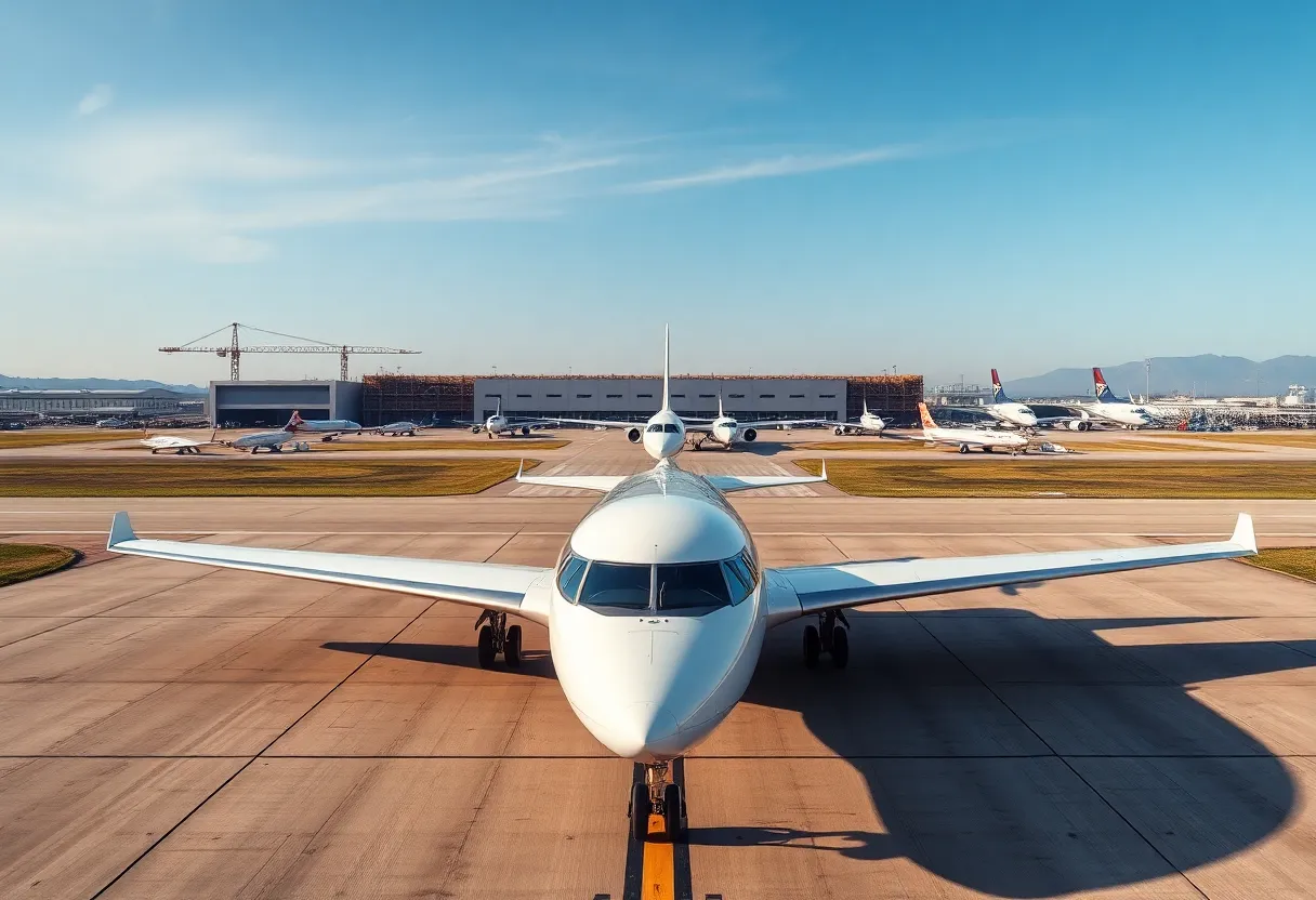 Futuristic corporate jet at an airport with a manufacturing facility