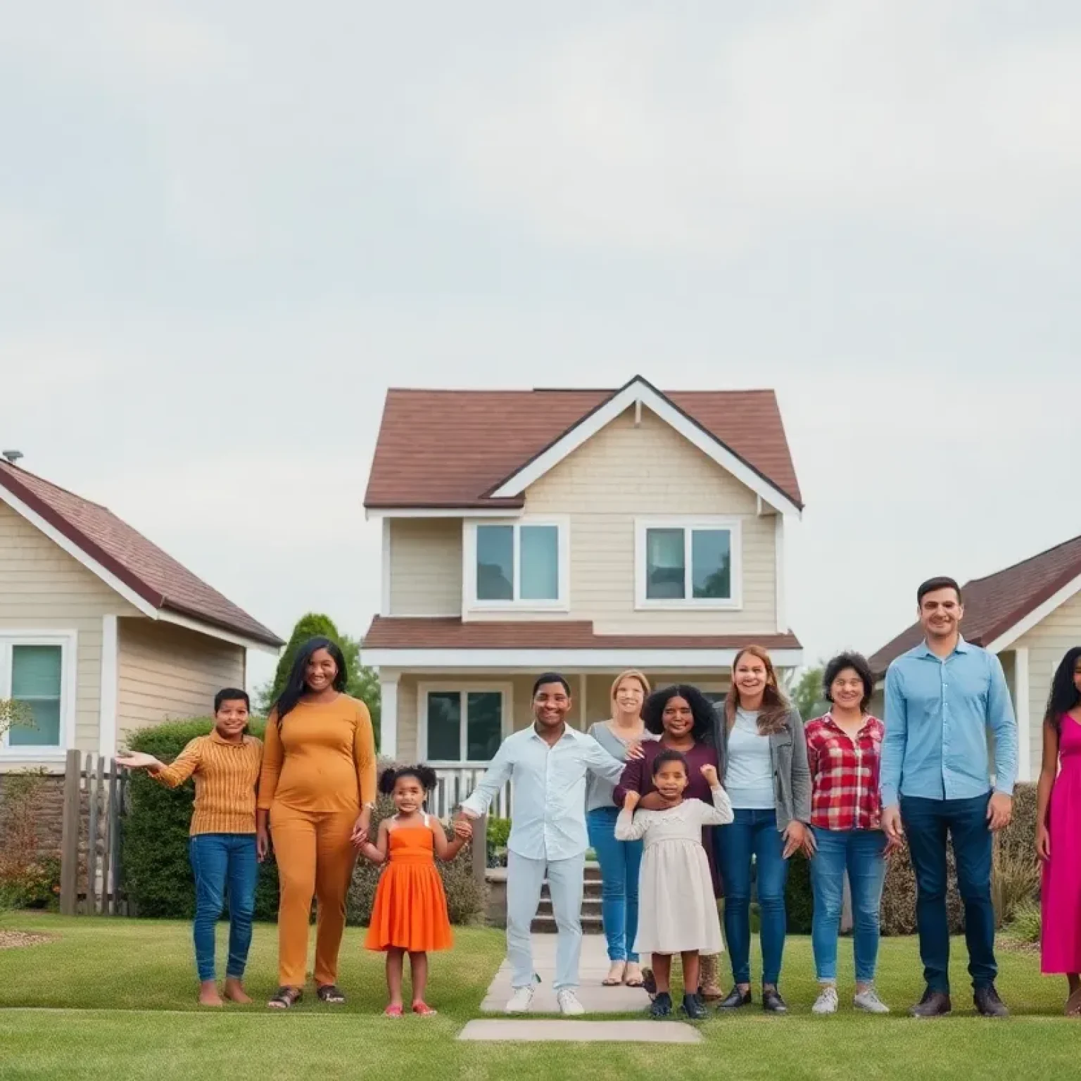 Families in a neighborhood discussing property tax relief with hopeful expressions.