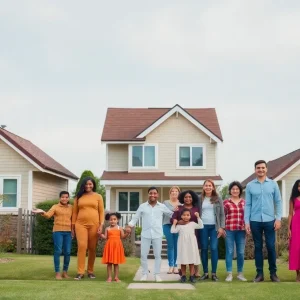 Families in a neighborhood discussing property tax relief with hopeful expressions.