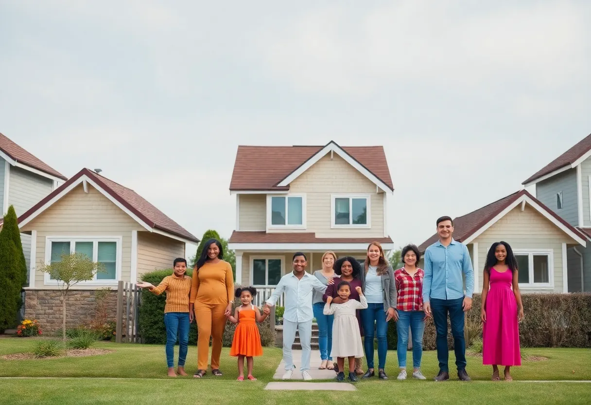 Families in a neighborhood discussing property tax relief with hopeful expressions.