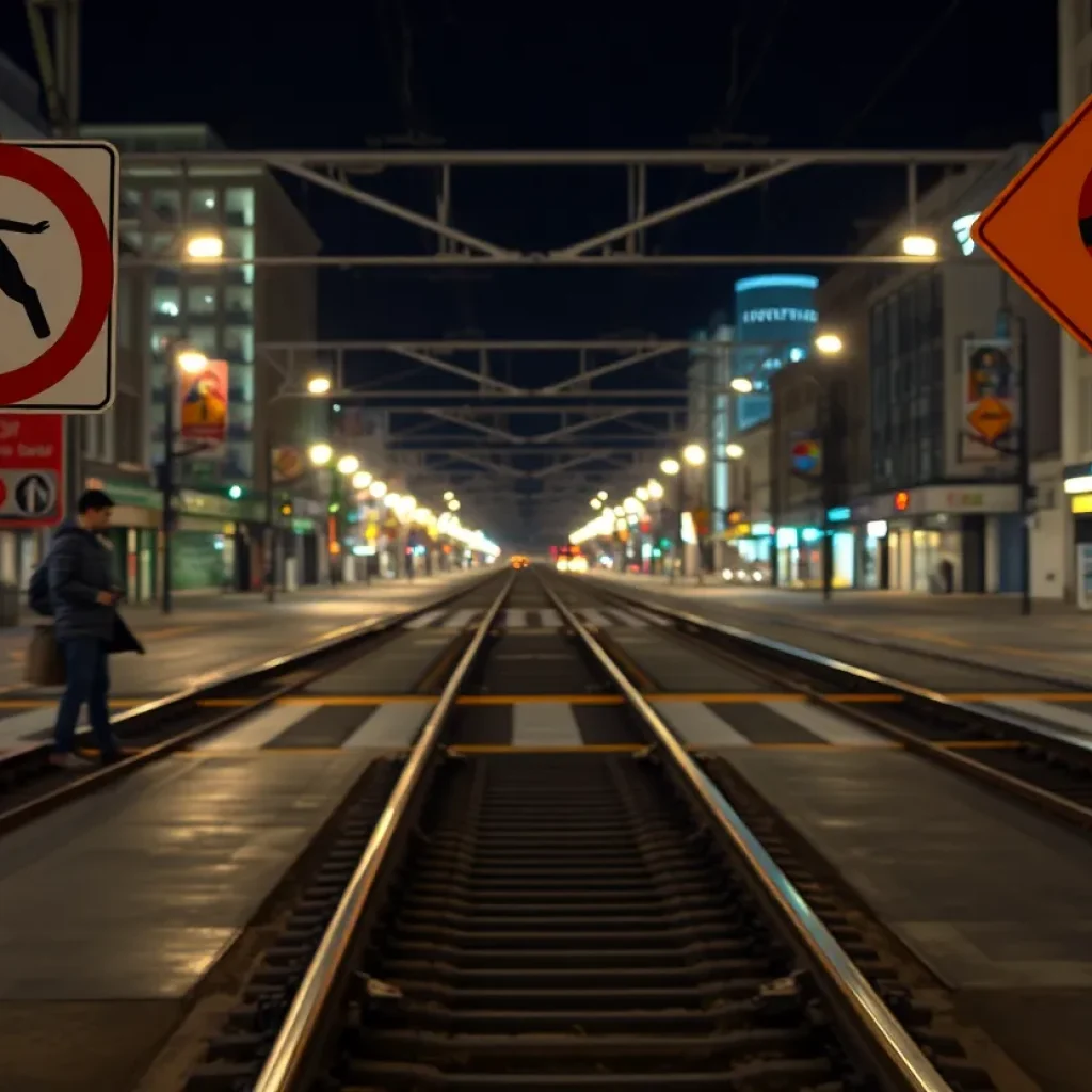 Urban railroad crossing with warning signs