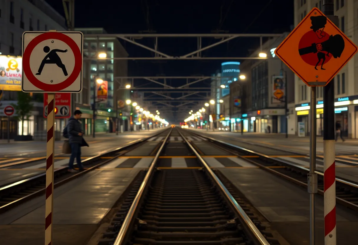 Urban railroad crossing with warning signs