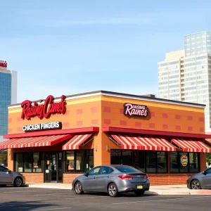 Exterior view of a Raising Cane's Chicken Fingers restaurant with dual drive-thru.