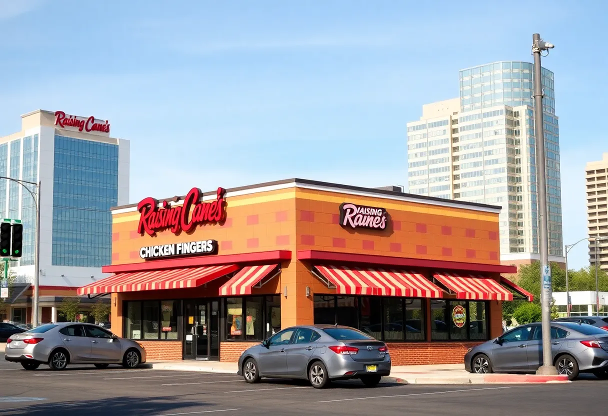 Exterior view of a Raising Cane's Chicken Fingers restaurant with dual drive-thru.
