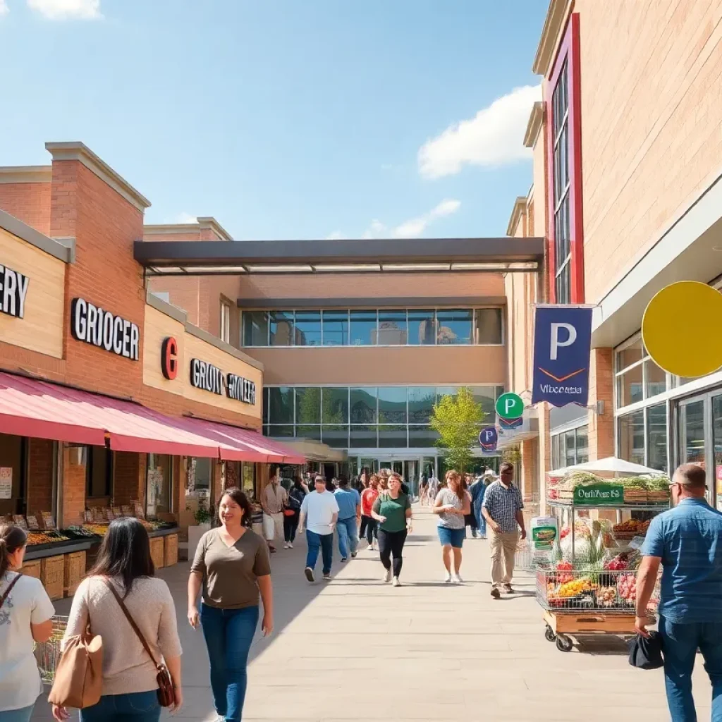 A busy grocery-anchored shopping center filled with customers.