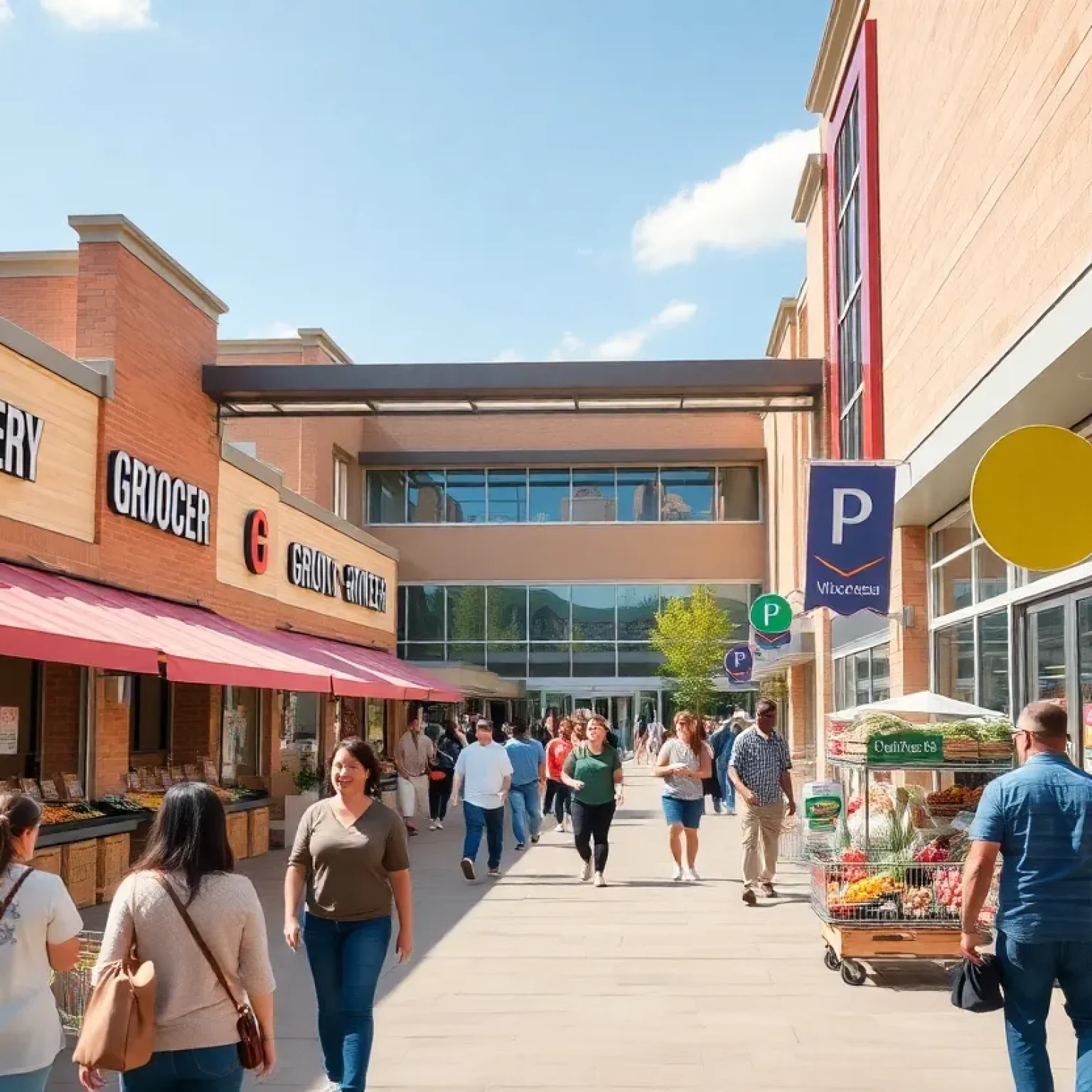 A busy grocery-anchored shopping center filled with customers.