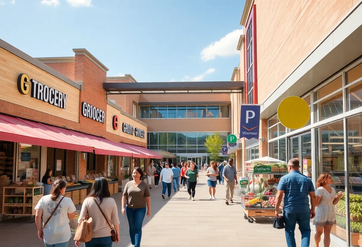 A busy grocery-anchored shopping center filled with customers.