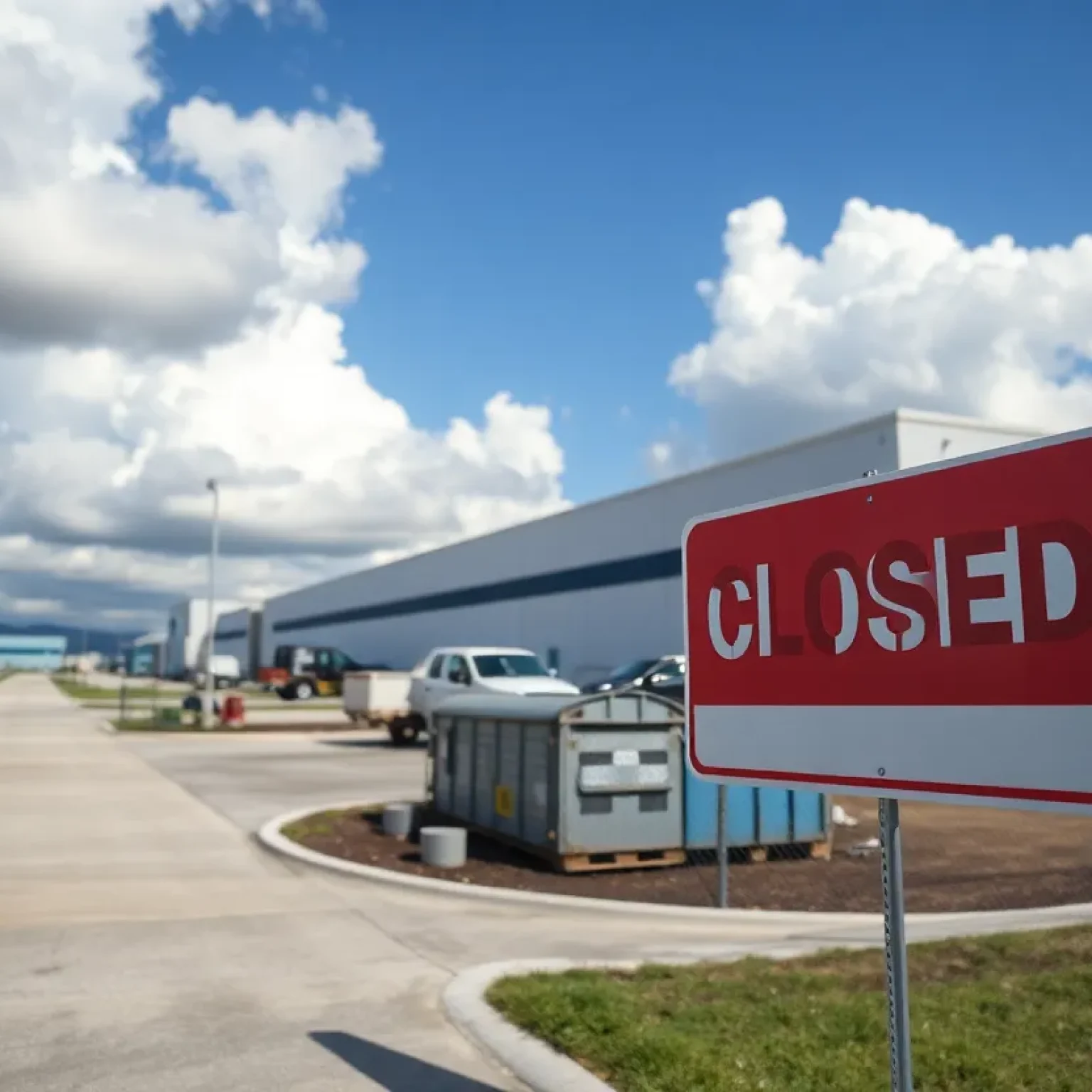 Aerial view of Revlon's Jacksonville manufacturing facility with a closed sign.