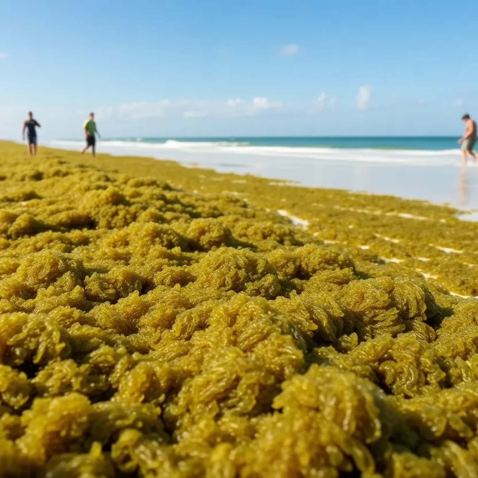 Sargassum seaweed covering a Florida beach with people in the background.