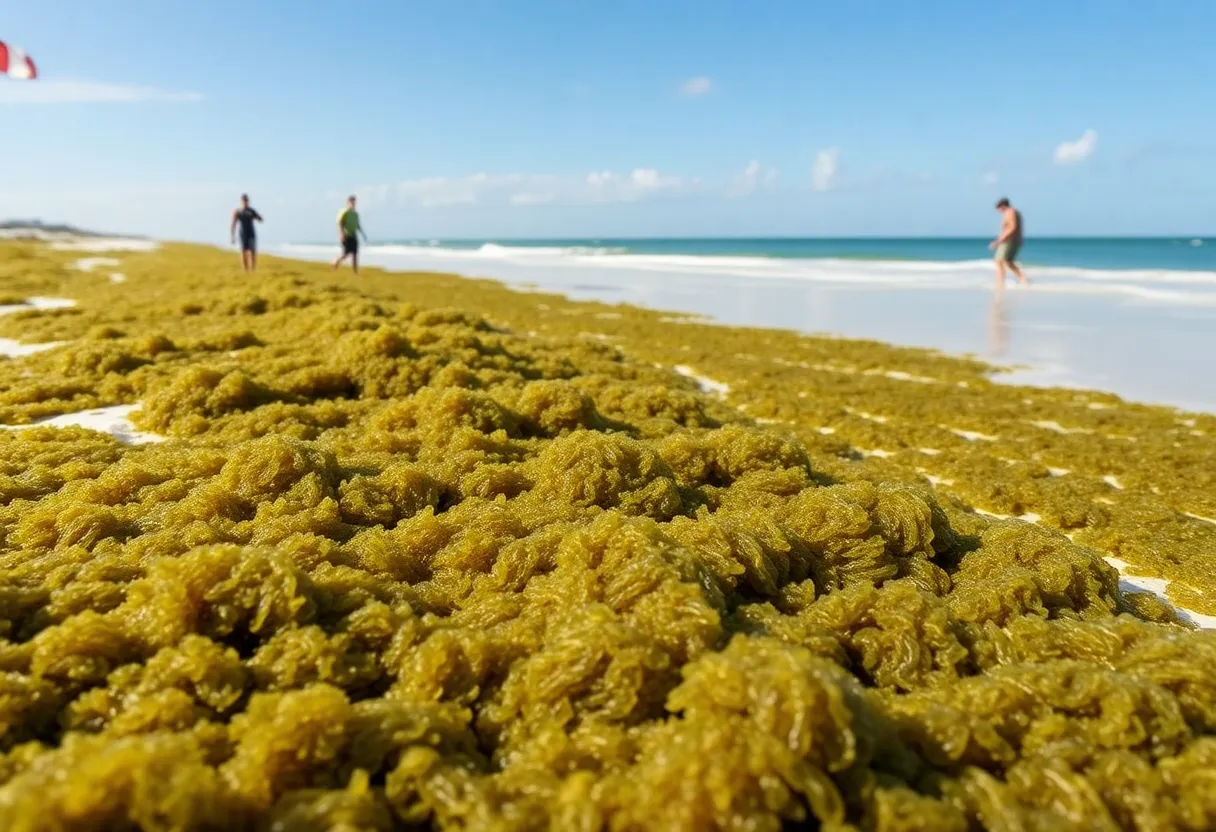 Florida beach covered with sargassum seaweed with beachgoers in the background