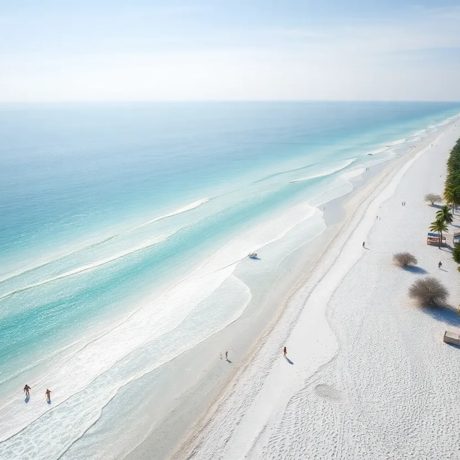 Aerial view of Siesta Beach with white sand and clear waters