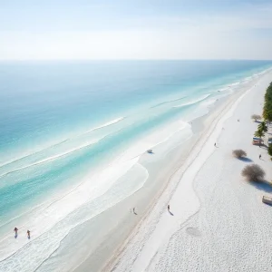 Aerial view of Siesta Beach with white sand and clear waters