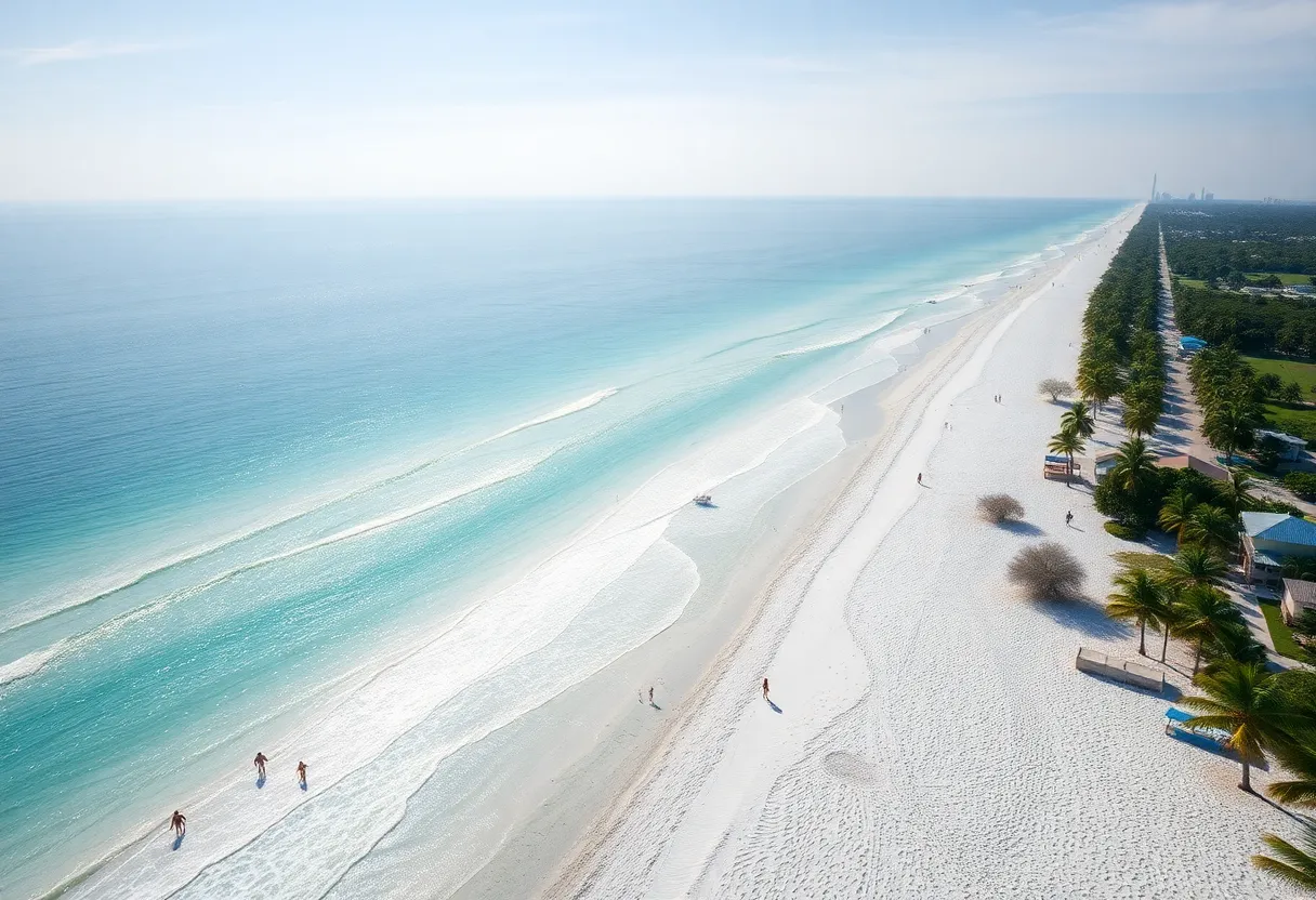 Aerial view of Siesta Beach with white sand and clear waters