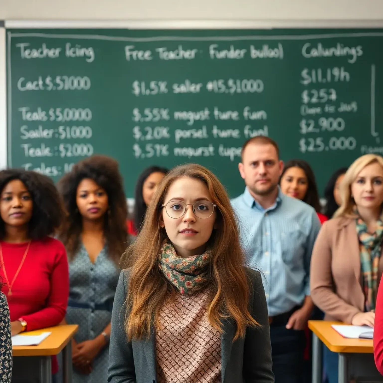 Group of teachers discussing salary concerns in a classroom