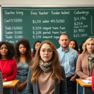 Group of teachers discussing salary concerns in a classroom