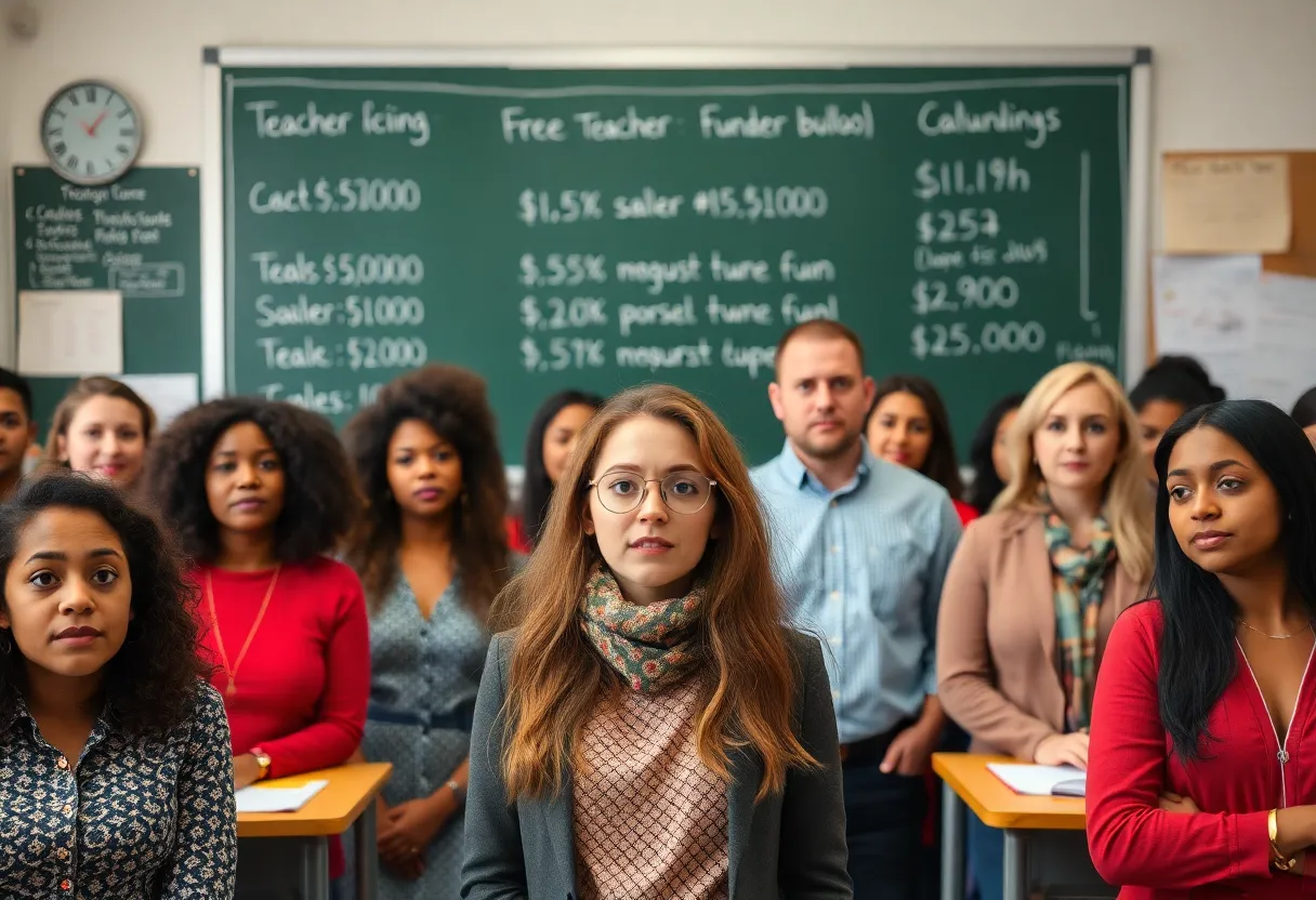 Group of teachers discussing salary concerns in a classroom