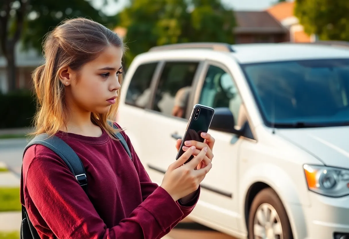 Teenager using a smartphone to report a crime incident