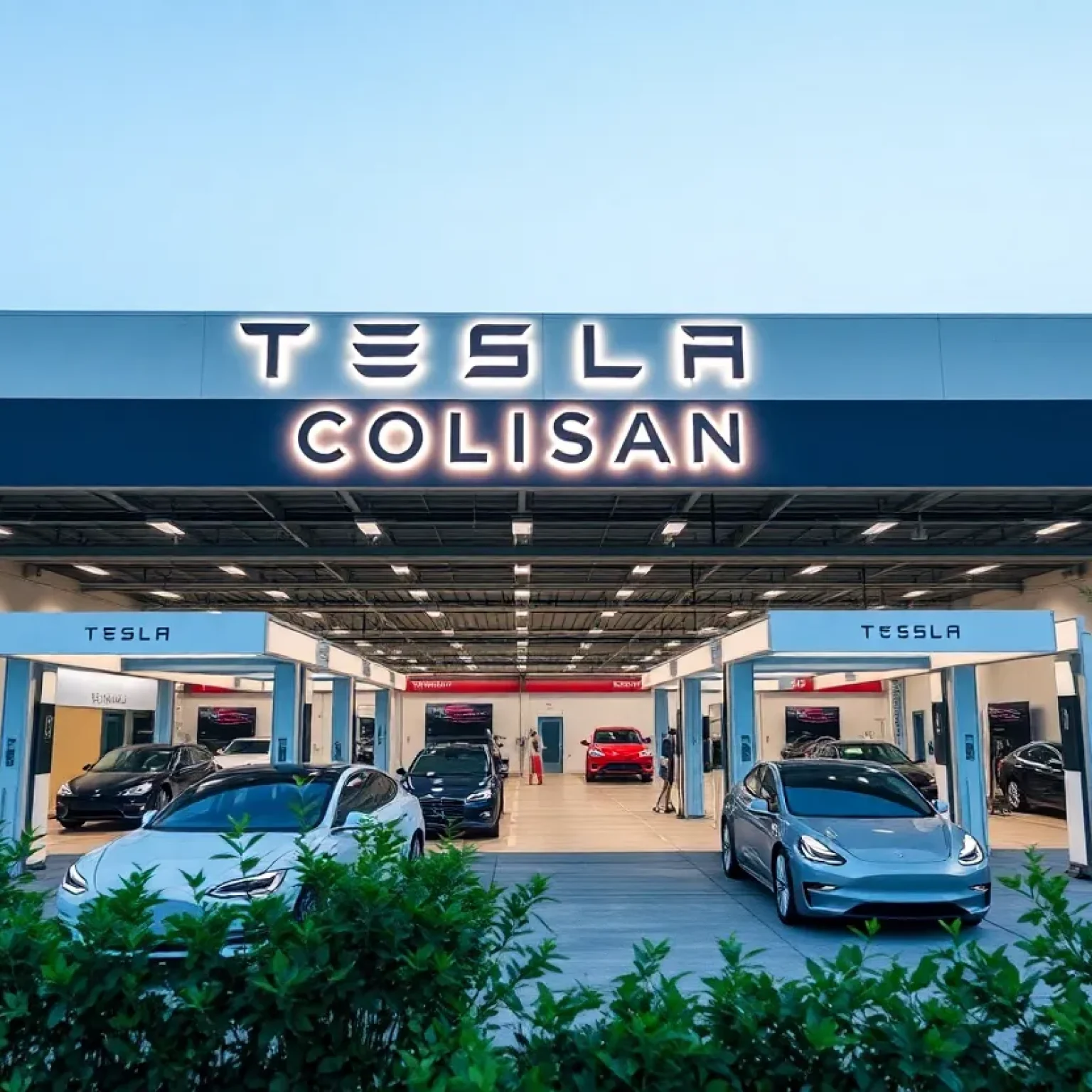Rendering of the Tesla Collision Center's exterior in Jacksonville