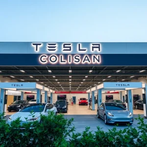 Rendering of the Tesla Collision Center's exterior in Jacksonville