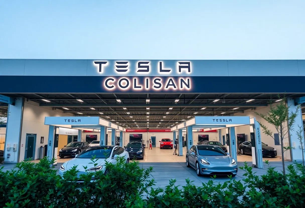 Rendering of the Tesla Collision Center's exterior in Jacksonville