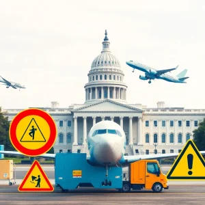 Abstract representation of transportation safety with airplanes and safety icons