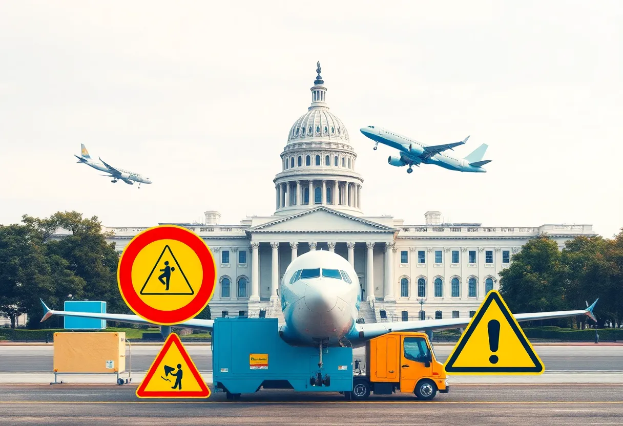 Abstract representation of transportation safety with airplanes and safety icons