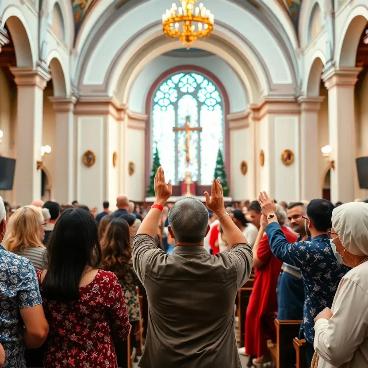 Diverse community members gathering to celebrate the election of Pope Leo XIV.