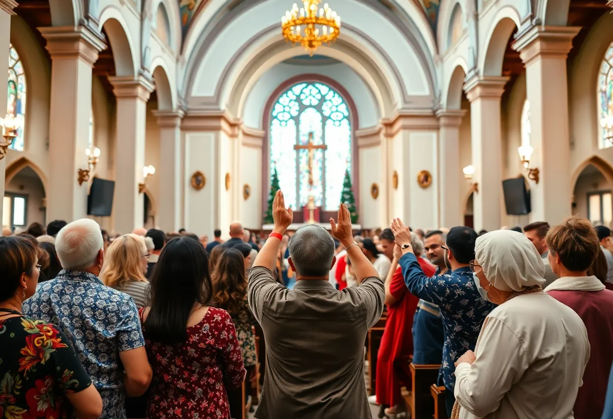 Diverse community members gathering to celebrate the election of Pope Leo XIV.