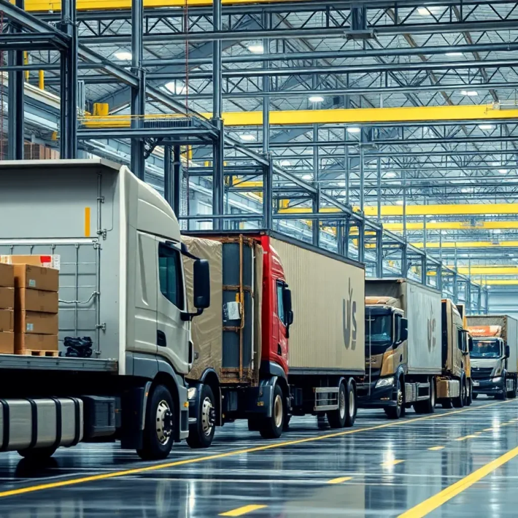 Automated shipping facility of UPS with trucks