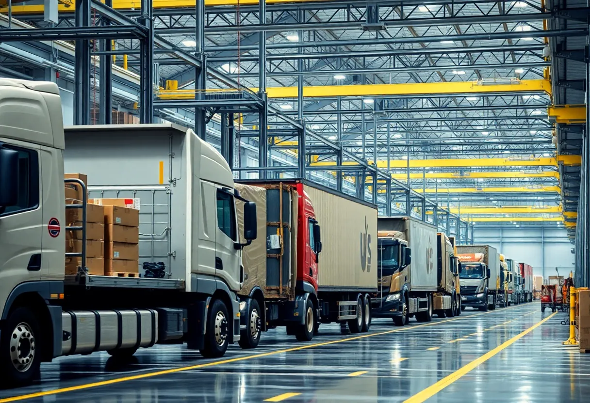 Automated shipping facility of UPS with trucks