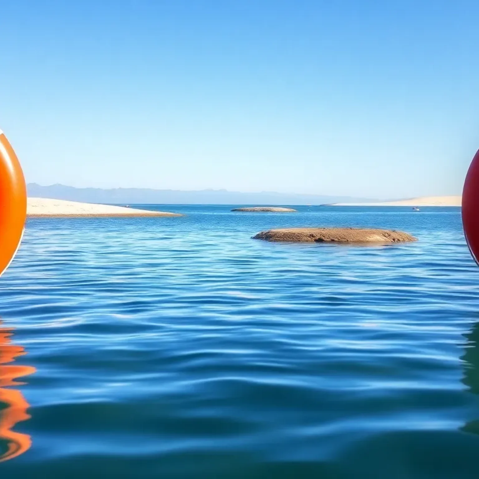 A calm water body with lifebuoys emphasizing water safety.