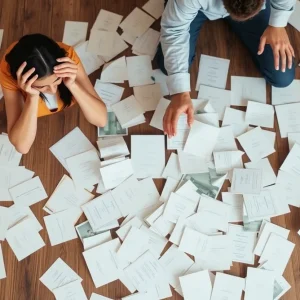 A confused couple searching through wedding planning materials