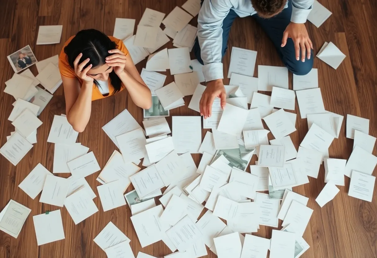 A confused couple searching through wedding planning materials