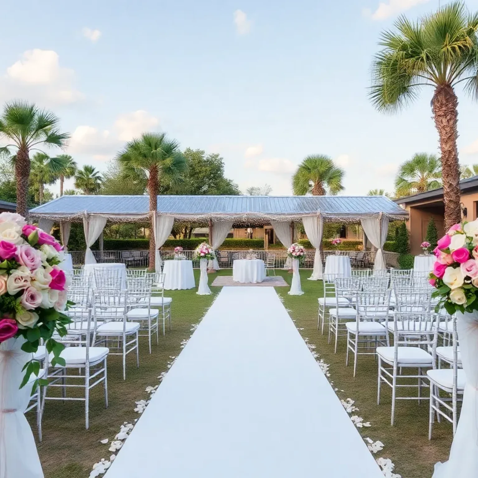 An elegant wedding setup at a venue in Jacksonville, showcasing floral arrangements and decorations.
