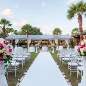 An elegant wedding setup at a venue in Jacksonville, showcasing floral arrangements and decorations.